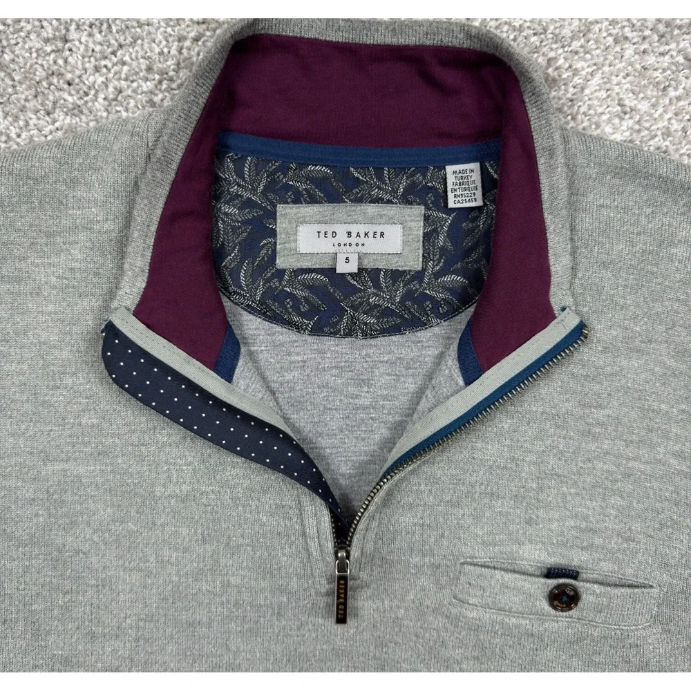 Ted Baker Valerio Mens 5 XL Gray Wool Blend Quarter Zip Pullover Sweater